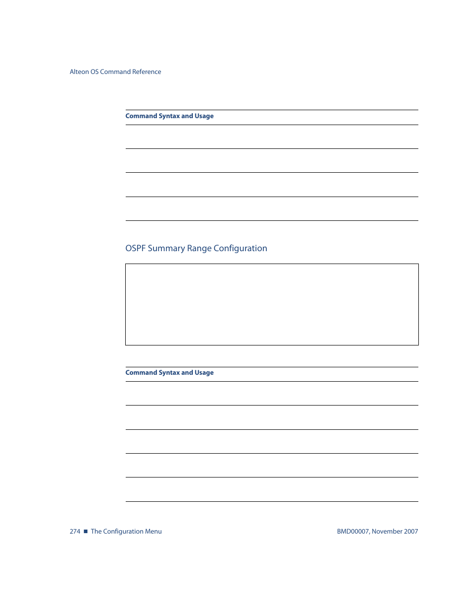 Ospf summary range configuration, Ospf summary range configuration 274, Ip addresses. see | To view, Cfg/l3/ospf/range <range number | Nortel Networks ALTEON OS BMD00007 User Manual | Page 272 / 390