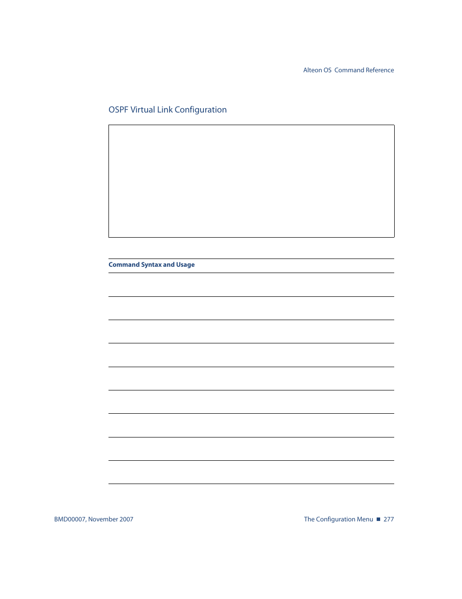 Ospf virtual link configuration, Ospf virtual link configuration 277, To vi | Cfg/l3/ospf/virt <link number | Nortel Networks ALTEON OS BMD00007 User Manual | Page 275 / 390