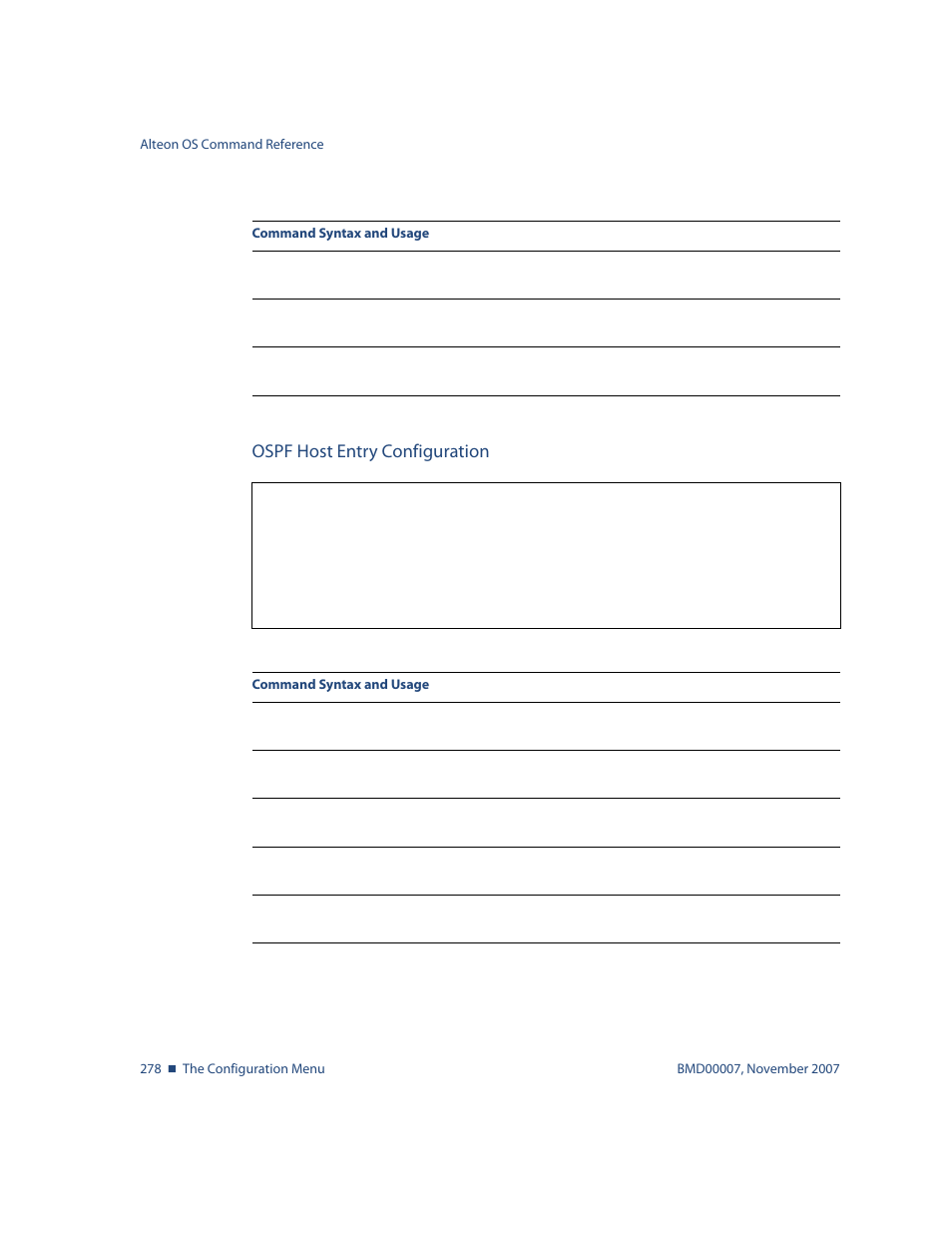 Ospf host entry configuration, Ospf host entry configuration 278, To view | Cfg/l3/ospf/host <host number | Nortel Networks ALTEON OS BMD00007 User Manual | Page 276 / 390