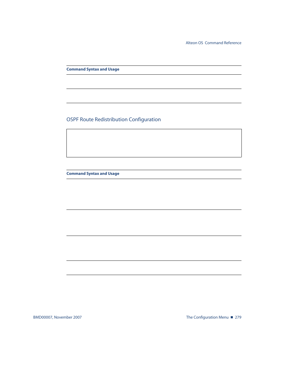 Ospf route redistribution configuration, Ospf route redistribution configuration 279, To view | Nortel Networks ALTEON OS BMD00007 User Manual | Page 277 / 390