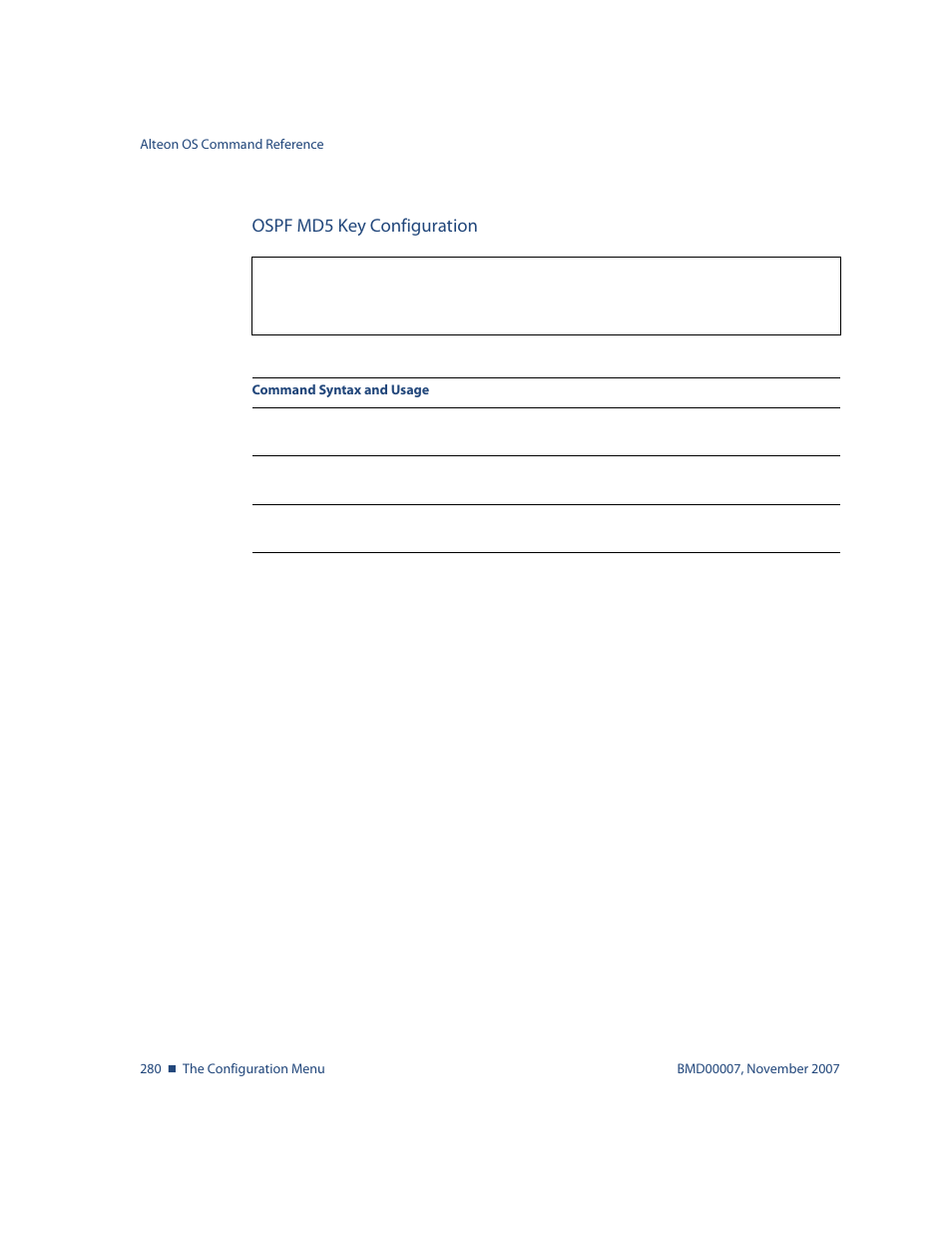 Ospf md5 key configuration, Ospf md5 key configuration 280, Cfg/l3/ospf/md5key <key id | Nortel Networks ALTEON OS BMD00007 User Manual | Page 278 / 390