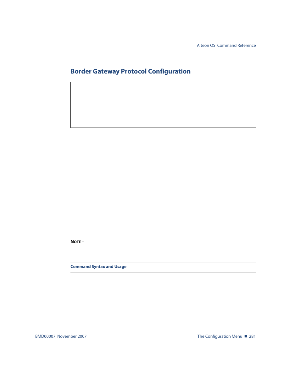 Border gateway protocol configuration, Border gateway protocol configuration 281, Menu options, see | Cfg/l3/bgp border gateway protocol configuration | Nortel Networks ALTEON OS BMD00007 User Manual | Page 279 / 390