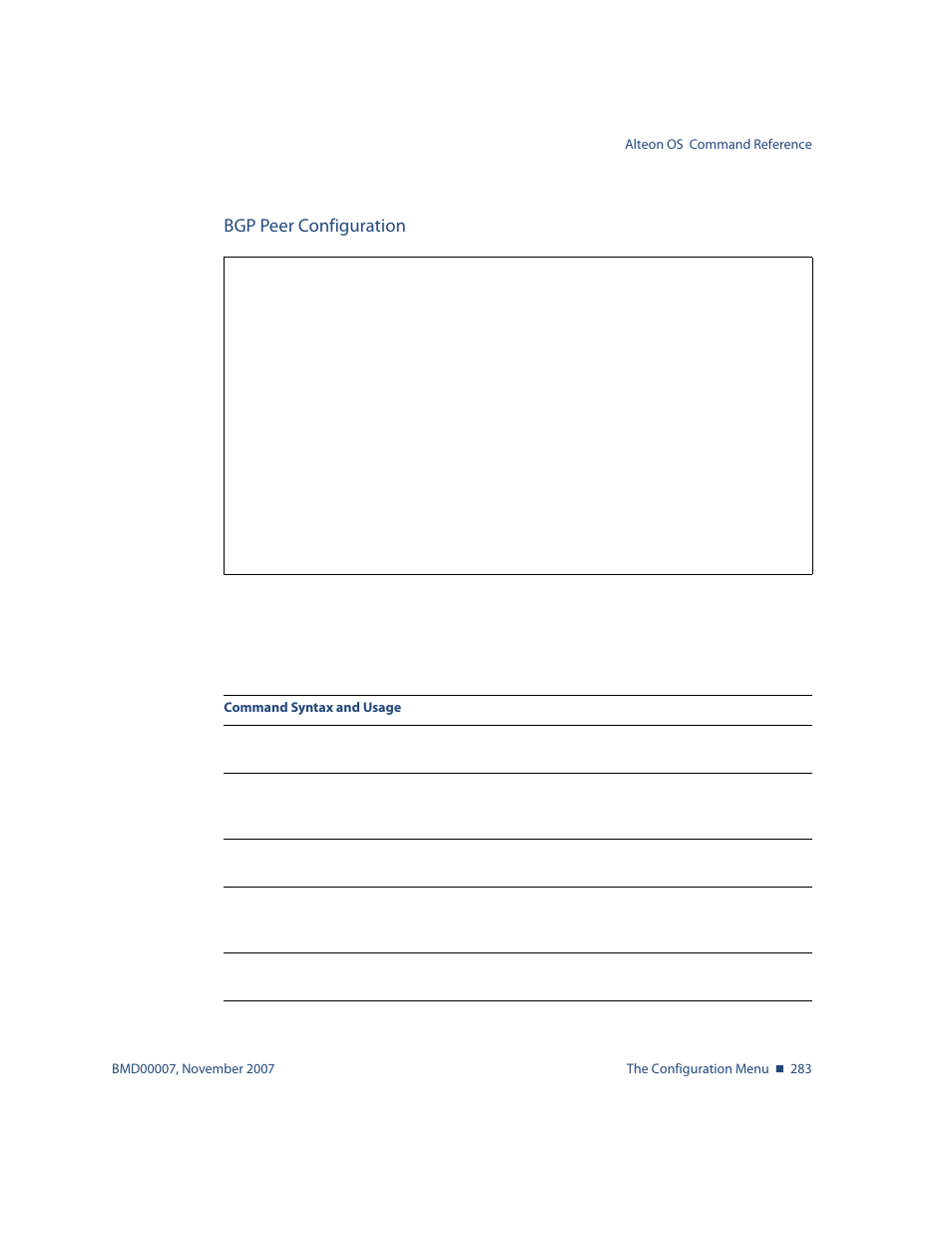 Bgp peer configuration, Bgp peer configuration 283, Options, see | Cfg/l3/bgp/peer <peer number | Nortel Networks ALTEON OS BMD00007 User Manual | Page 281 / 390