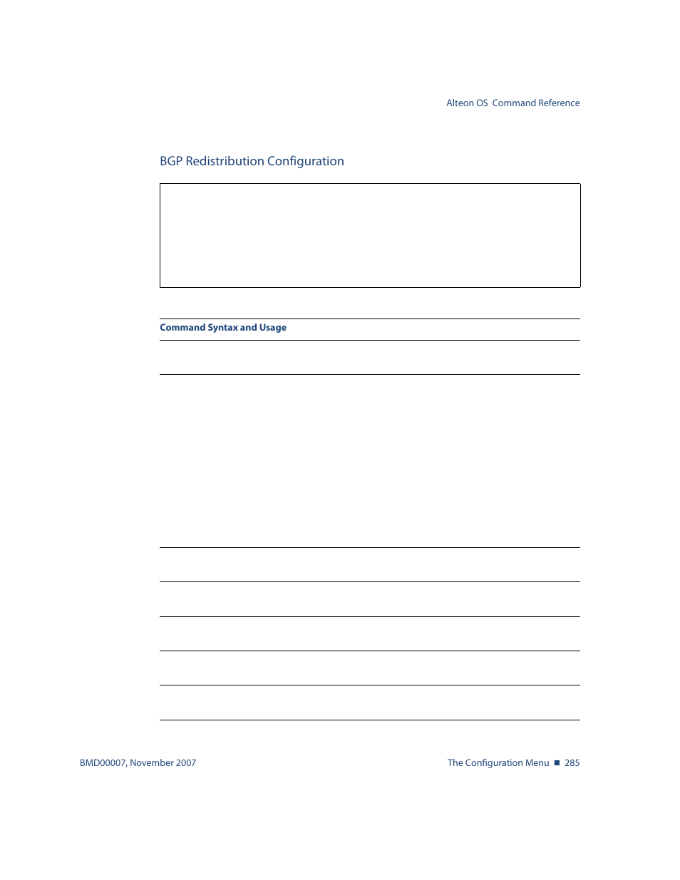 Bgp redistribution configuration, Bgp redistribution configuration 285, Cfg/l3/bgp/peer/redist | Nortel Networks ALTEON OS BMD00007 User Manual | Page 283 / 390
