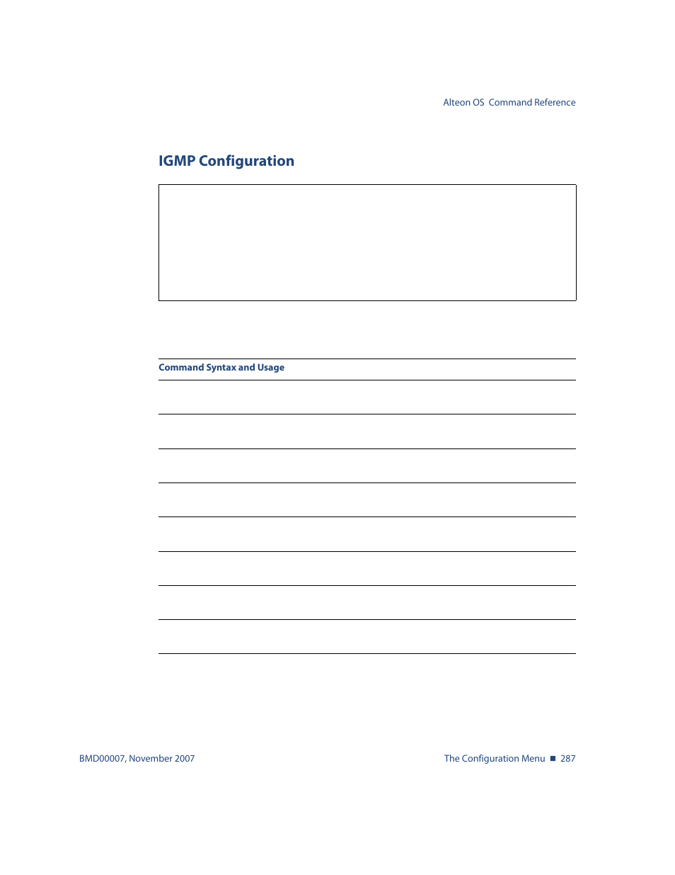 Igmp configuration, Igmp configuration 287, Menu options, see | Cfg/l3/igmp igmp configuration | Nortel Networks ALTEON OS BMD00007 User Manual | Page 285 / 390