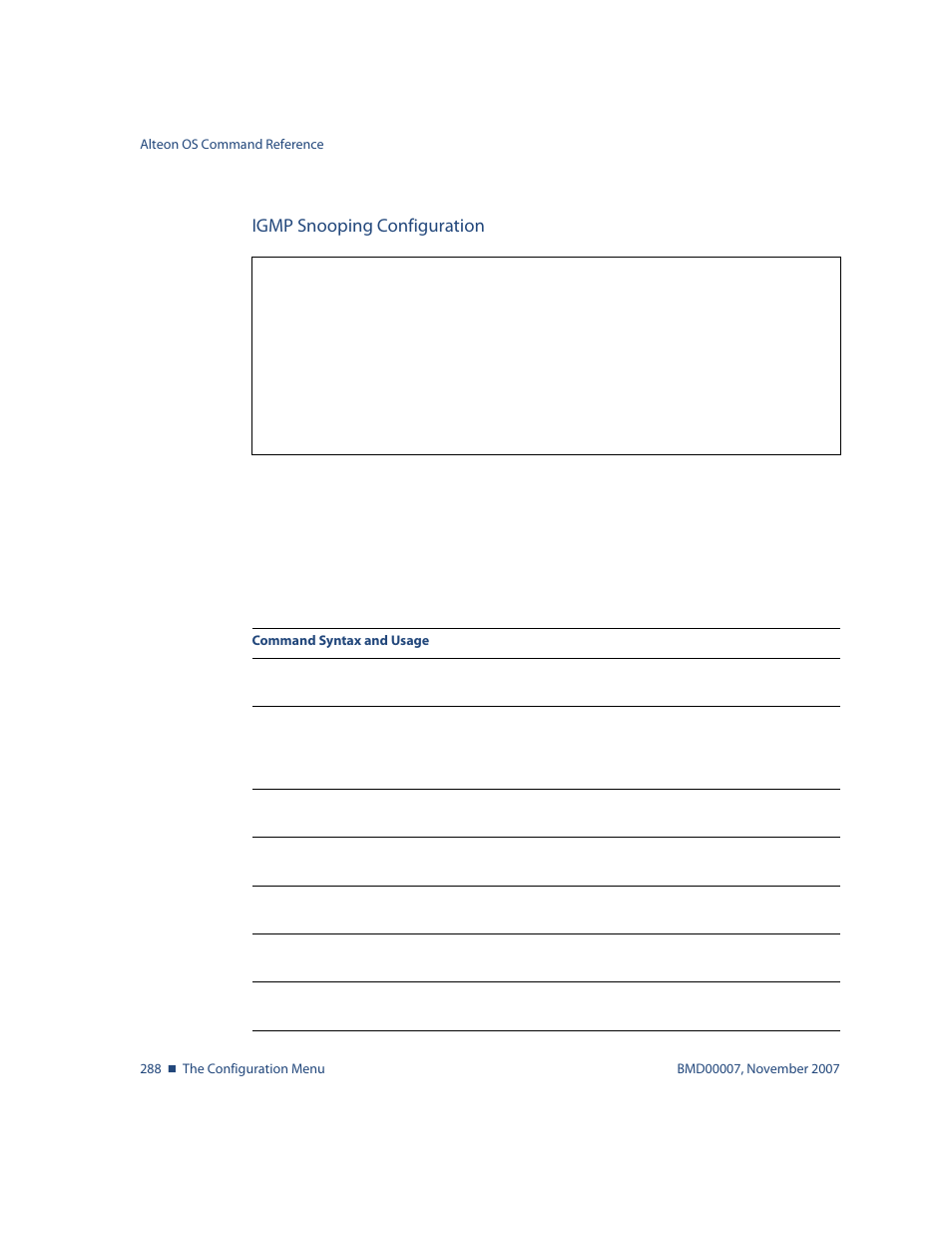 Igmp snooping configuration, Igmp snooping configuration 288, Menu options, see | Cfg/l3/igmp/snoop | Nortel Networks ALTEON OS BMD00007 User Manual | Page 286 / 390