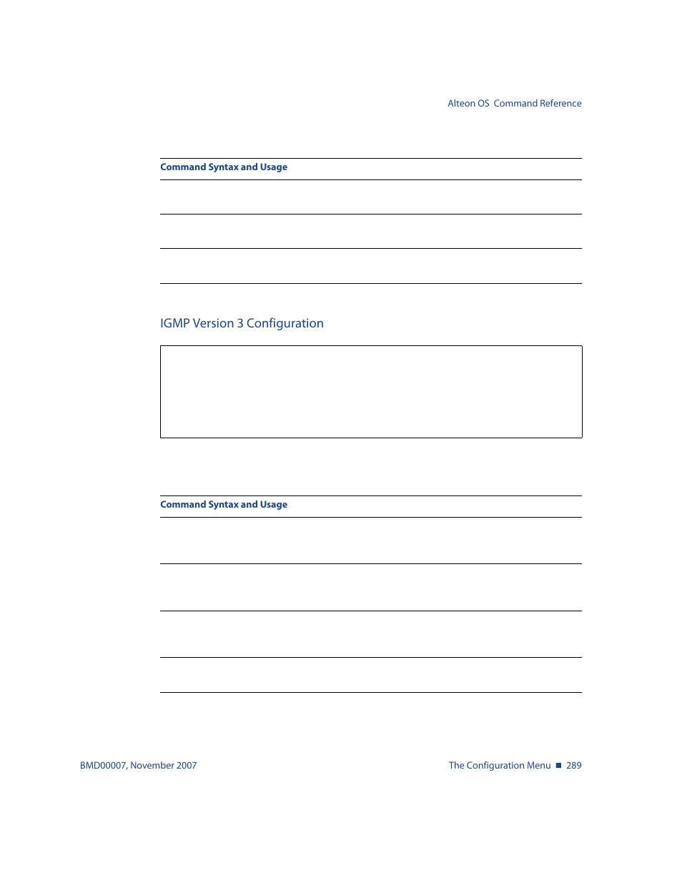 Igmp version 3 configuration, Igmp version 3 configuration 289, Cfg/l3/igmp/snoop/igmpv3 | Nortel Networks ALTEON OS BMD00007 User Manual | Page 287 / 390