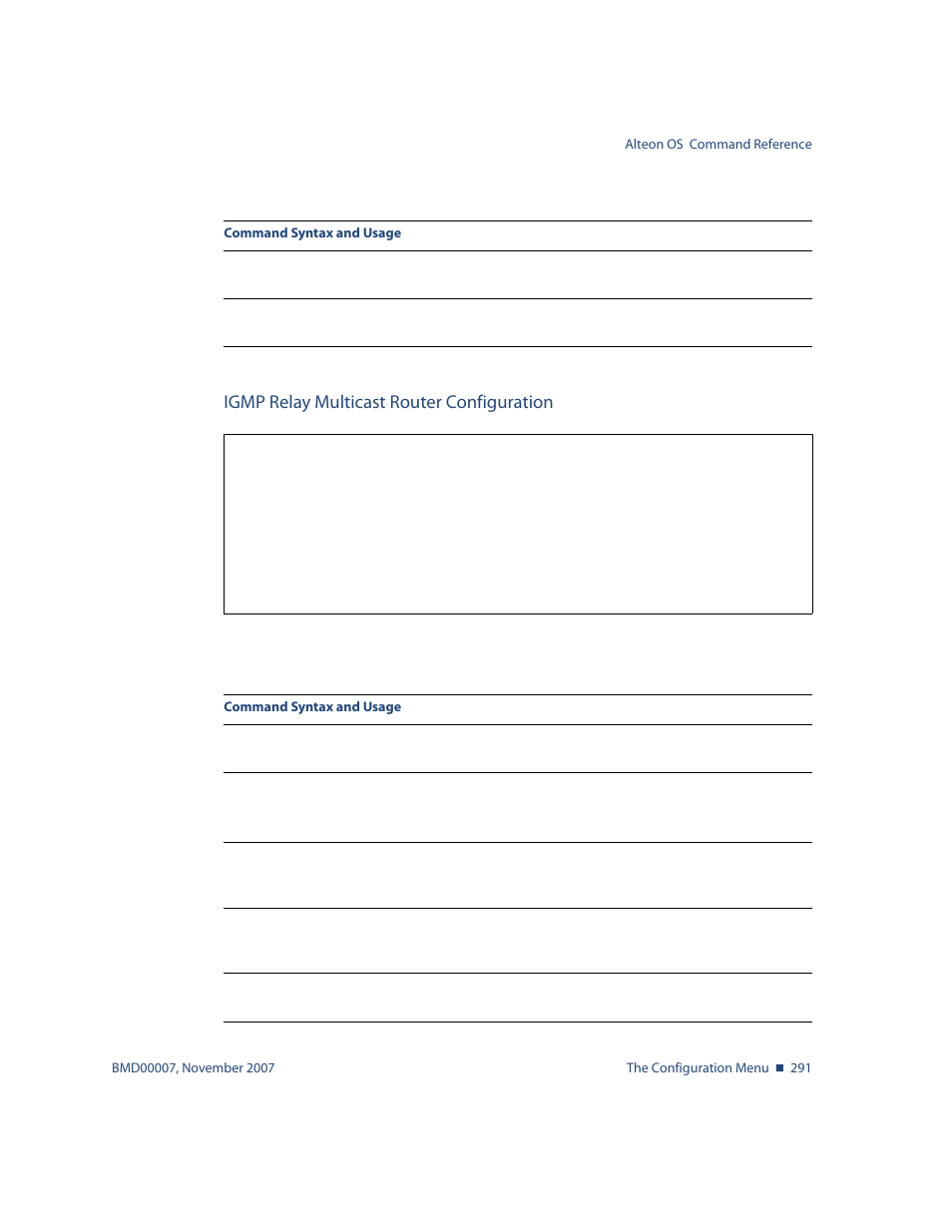 Igmp relay multicast router configuration, Igmp relay multicast router configuration 291, Cfg/l3/igmp/relay/mrtr < mrouter number | Nortel Networks ALTEON OS BMD00007 User Manual | Page 289 / 390