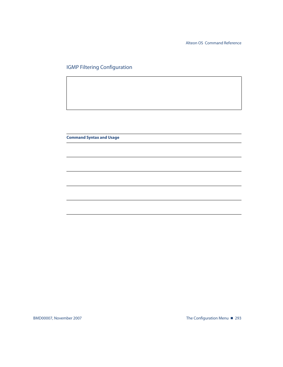 Igmp filtering configuration, Igmp filtering configuration 293, Cfg/l3/igmp/igmpflt | Nortel Networks ALTEON OS BMD00007 User Manual | Page 291 / 390