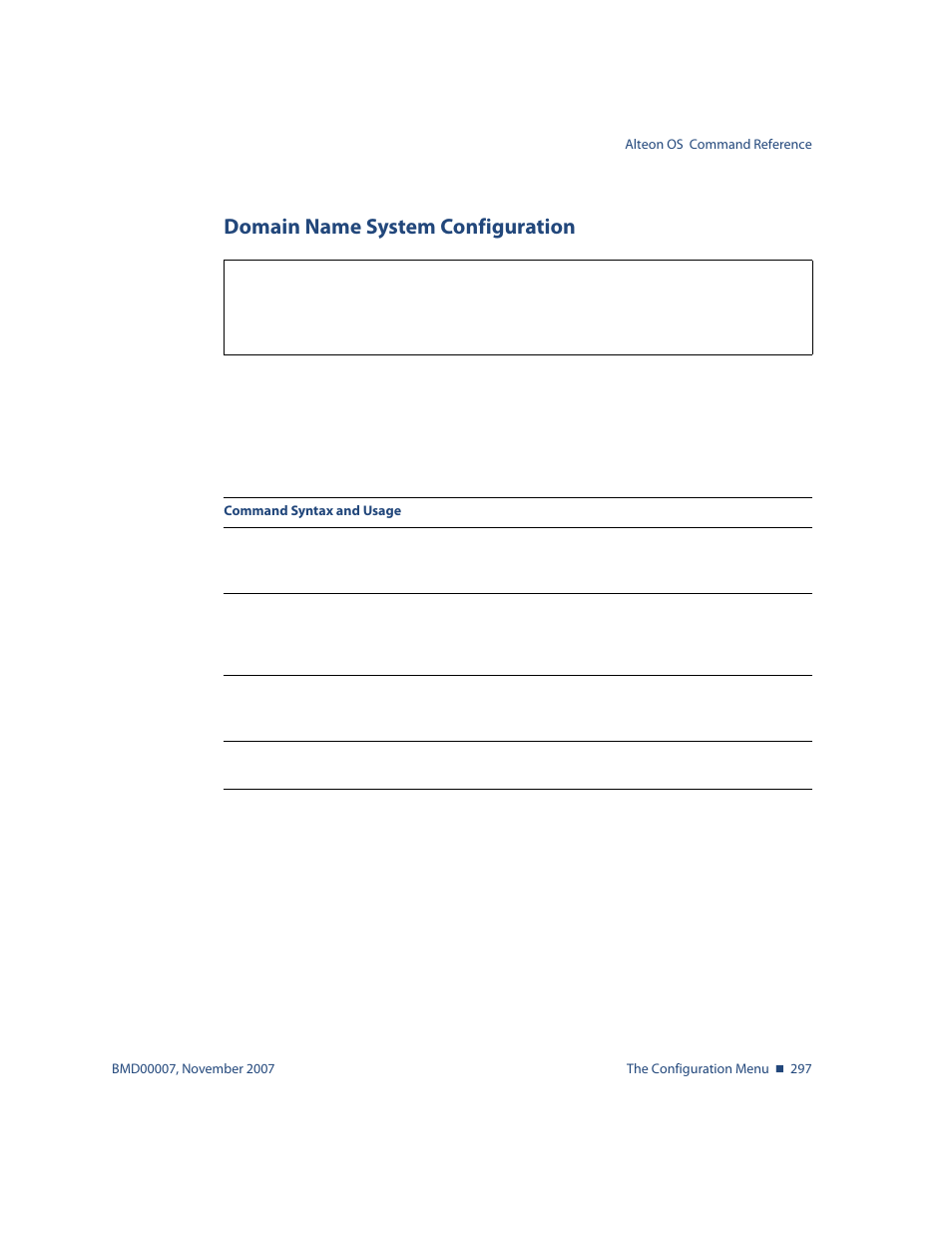 Domain name system configuration, Domain name system configuration 297, Cfg/l3/dns domain name system configuration | Nortel Networks ALTEON OS BMD00007 User Manual | Page 295 / 390