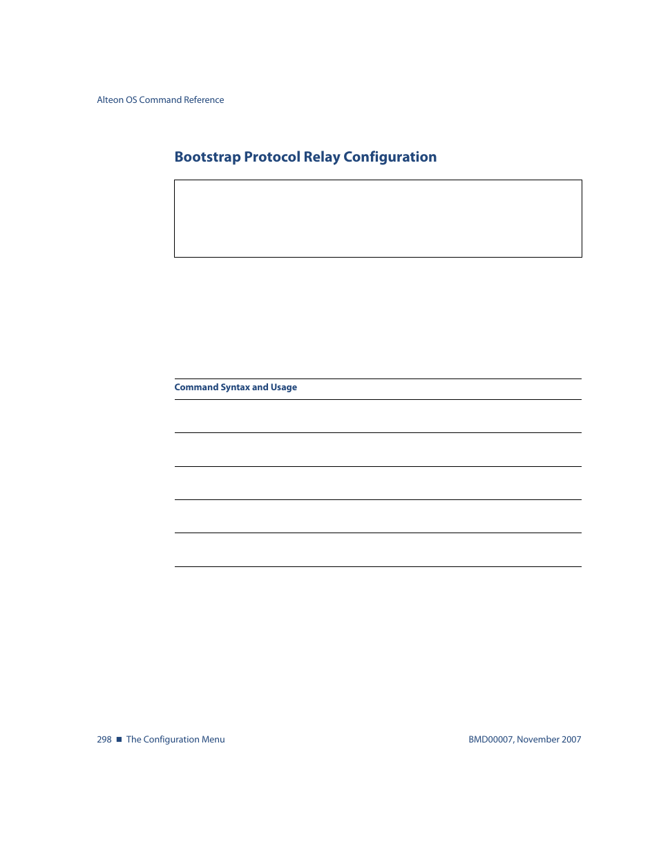 Bootstrap protocol relay configuration, Bootstrap protocol relay configuration 298 | Nortel Networks ALTEON OS BMD00007 User Manual | Page 296 / 390