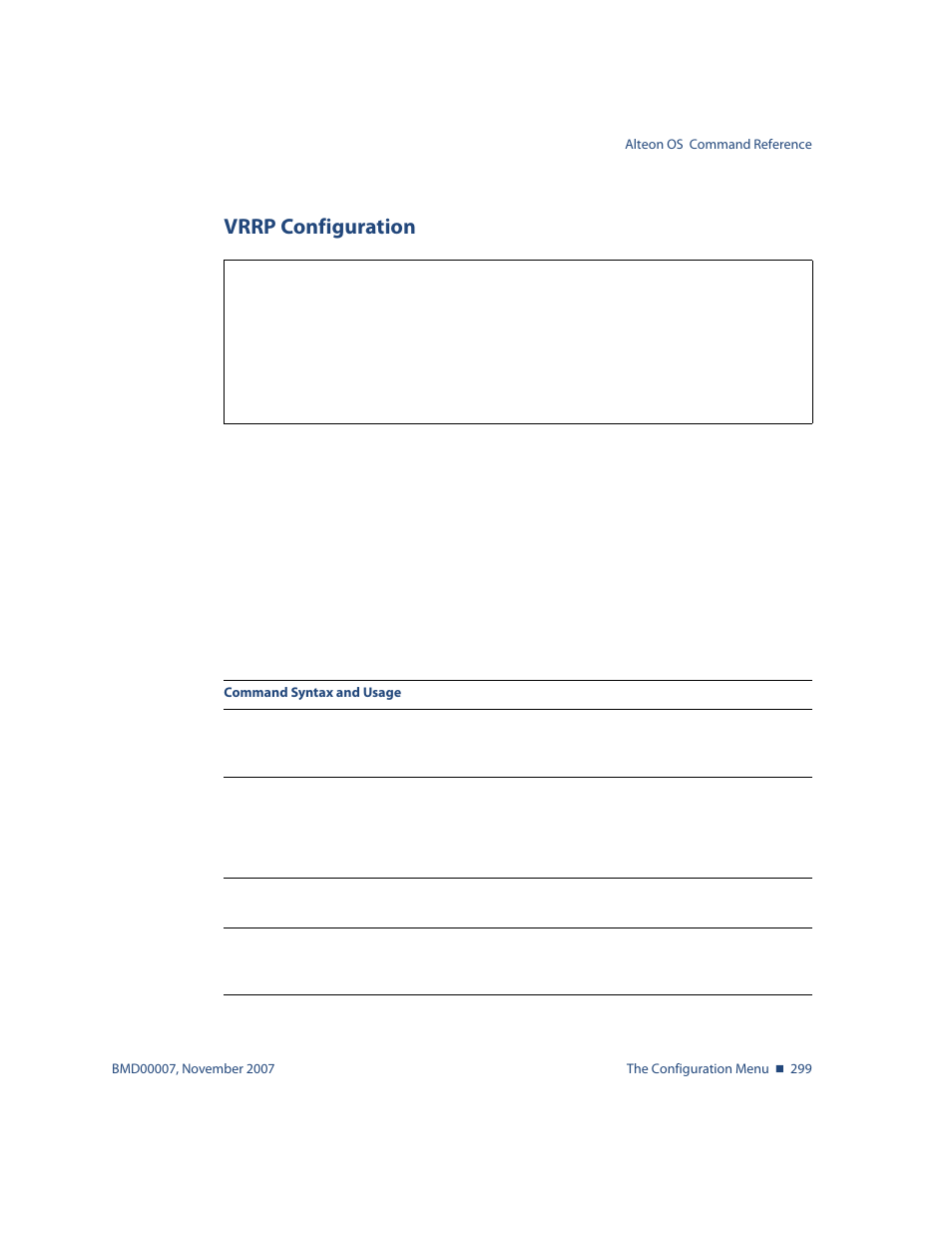 Vrrp configuration, Vrrp configuration 299, Cfg/l3/vrrp vrrp configuration | Nortel Networks ALTEON OS BMD00007 User Manual | Page 297 / 390