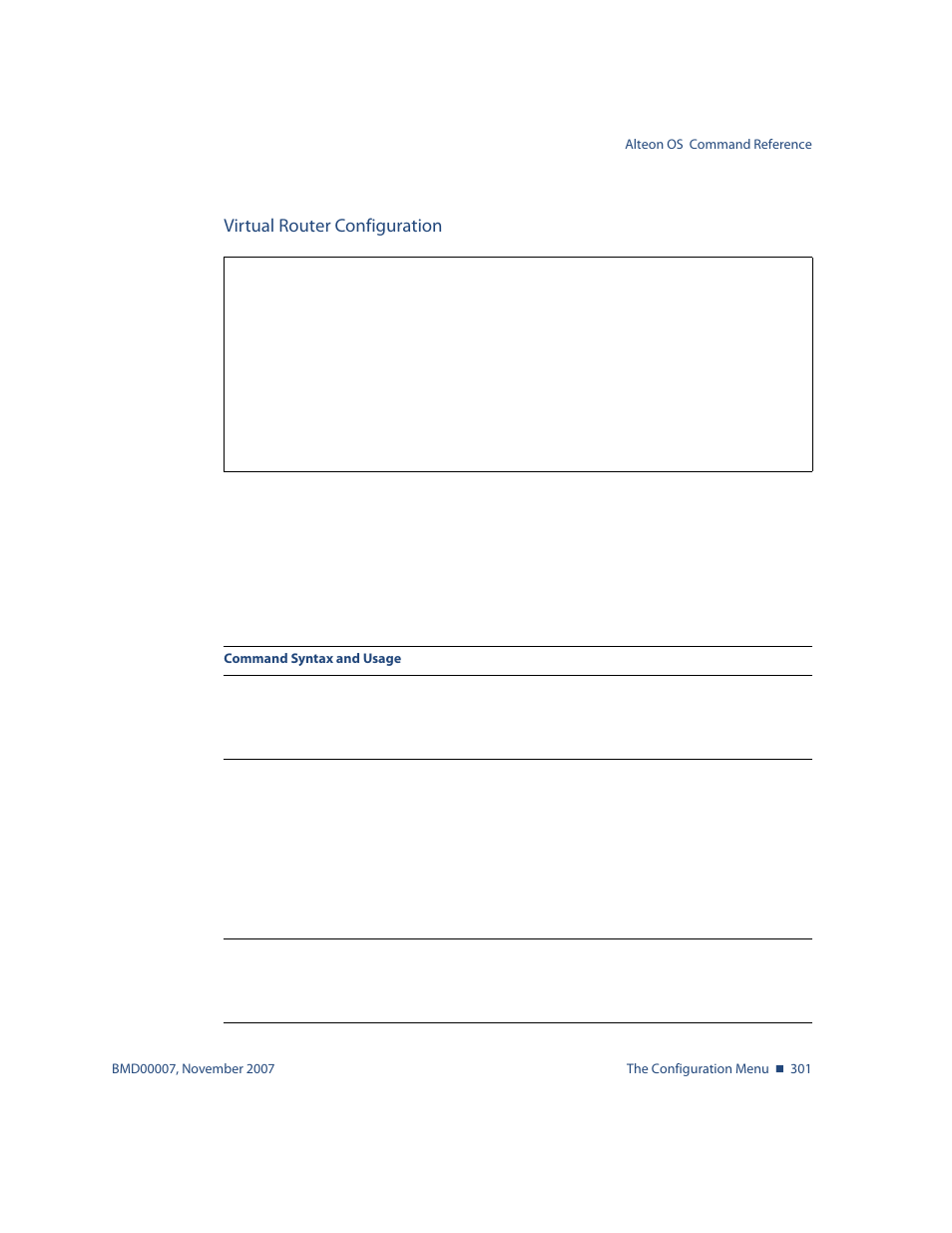 Virtual router configuration, Virtual router configuration 301, Menu options, see | Cfg/l3/vrrp/vr <router number | Nortel Networks ALTEON OS BMD00007 User Manual | Page 299 / 390