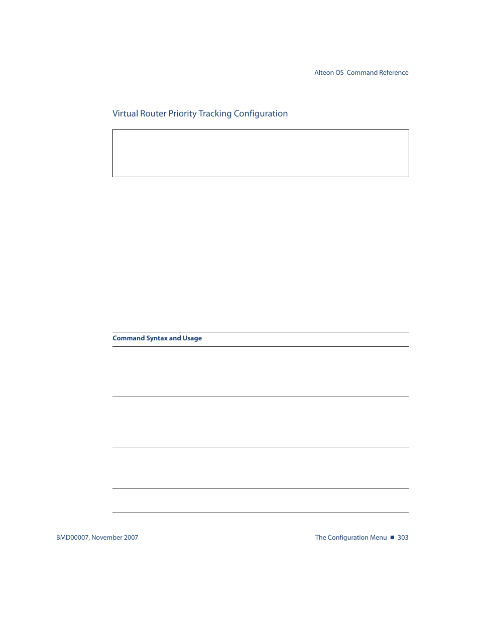 Virtual router priority tracking configuration, Virtual router priority tracking configuration 303, Cfg/l3/vrrp/vr <router number> /track | Nortel Networks ALTEON OS BMD00007 User Manual | Page 301 / 390