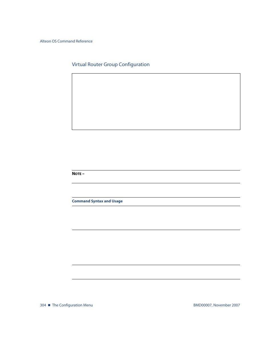 Virtual router group configuration, Virtual router group configuration 304, Options, see | Cfg/l3/vrrp/group | Nortel Networks ALTEON OS BMD00007 User Manual | Page 302 / 390