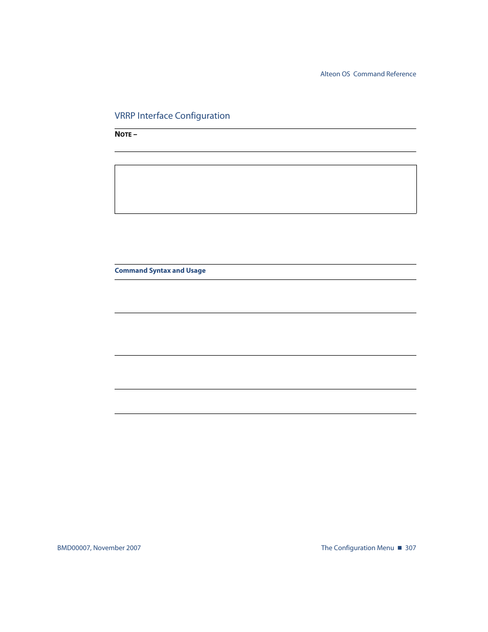 Vrrp interface configuration, Vrrp interface configuration 307, Cfg/l3/vrrp/if <interface number | Nortel Networks ALTEON OS BMD00007 User Manual | Page 305 / 390