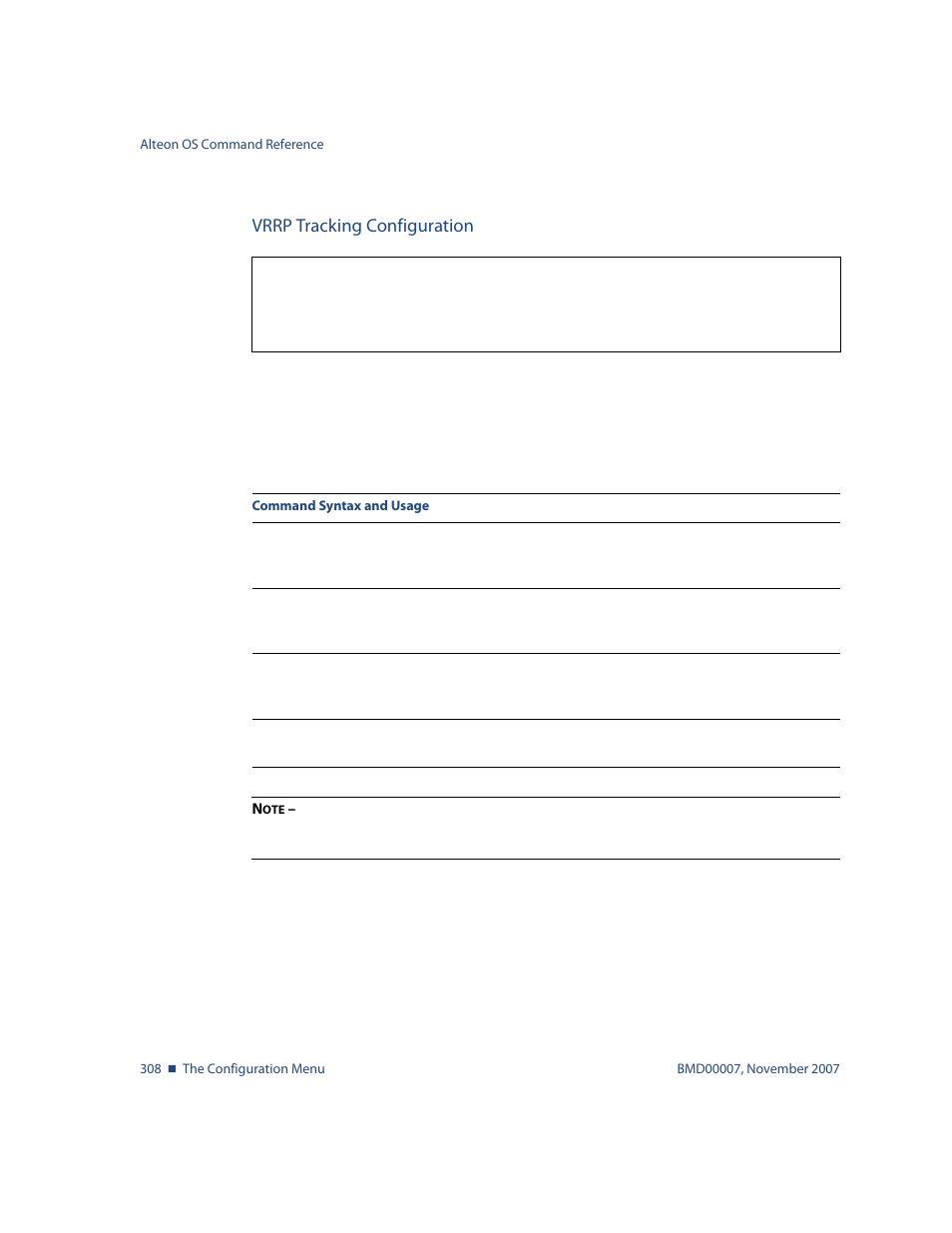 Vrrp tracking configuration, Vrrp tracking configuration 308, Cfg/l3/vrrp/track | Nortel Networks ALTEON OS BMD00007 User Manual | Page 306 / 390