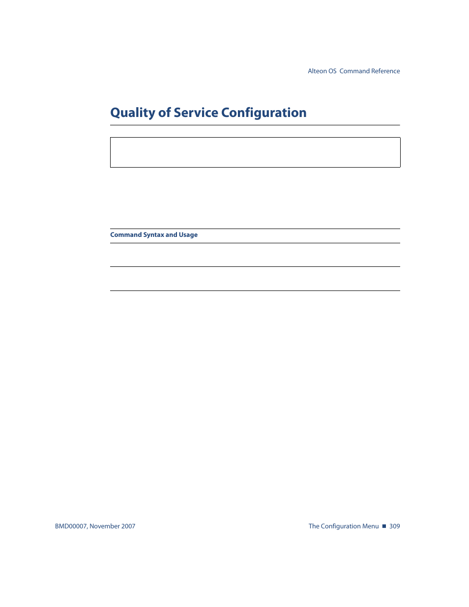 Quality of service configuration, Quality of service configuration 309, Cfg/qos | Nortel Networks ALTEON OS BMD00007 User Manual | Page 307 / 390