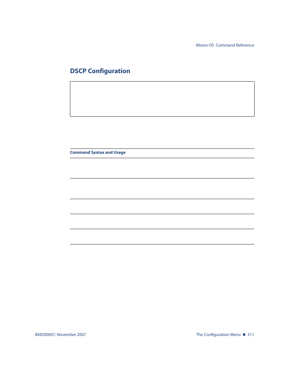 Dscp configuration, Dscp configuration 311, Cfg/qos/dscp dscp configuration | Nortel Networks ALTEON OS BMD00007 User Manual | Page 309 / 390