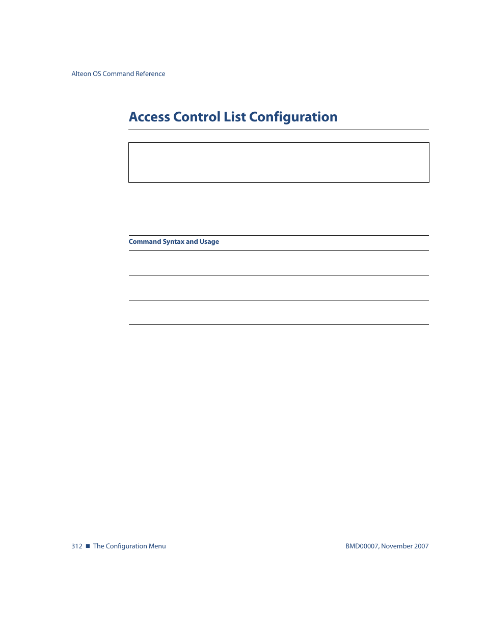 Access control list configuration, Access control list configuration 312, Options, see | Cfg/acl | Nortel Networks ALTEON OS BMD00007 User Manual | Page 310 / 390