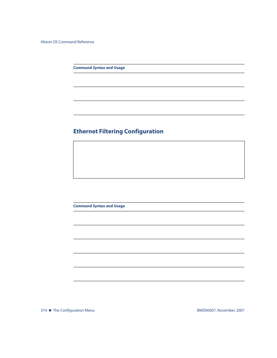 Ethernet filtering configuration, Ethernet filtering configuration 314, Menu options, see | Nortel Networks ALTEON OS BMD00007 User Manual | Page 312 / 390