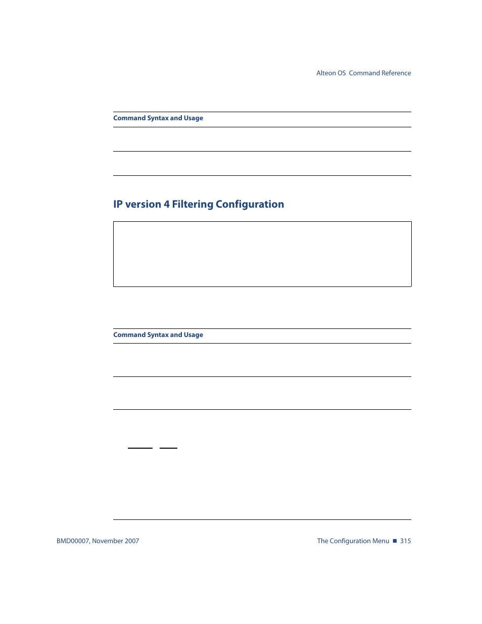 Ip version 4 filtering configuration, Ip version 4 filtering configuration 315, Menu options, see | Nortel Networks ALTEON OS BMD00007 User Manual | Page 313 / 390