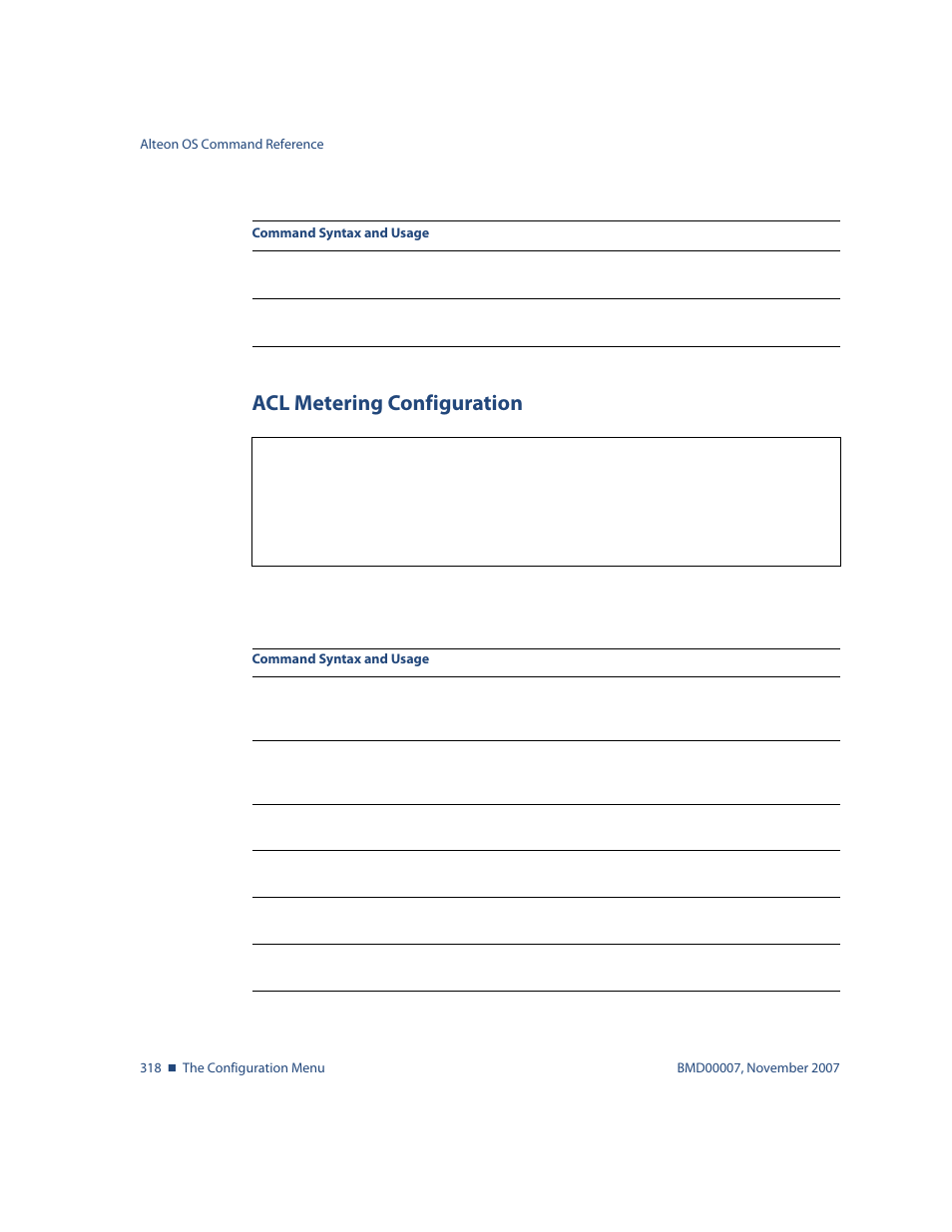 Acl metering configuration, Acl metering configuration 318, Options, see | Nortel Networks ALTEON OS BMD00007 User Manual | Page 316 / 390