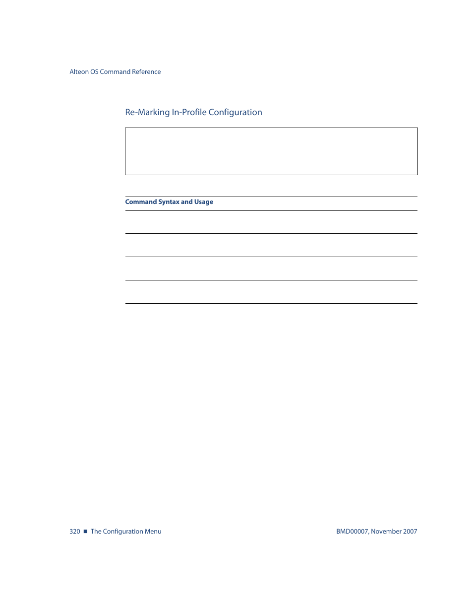 Re-marking in-profile configuration, Re-marking in-profile configuration 320, Menu options, see | Cfg/acl/acl < acl number> /re-mark/inprof | Nortel Networks ALTEON OS BMD00007 User Manual | Page 318 / 390