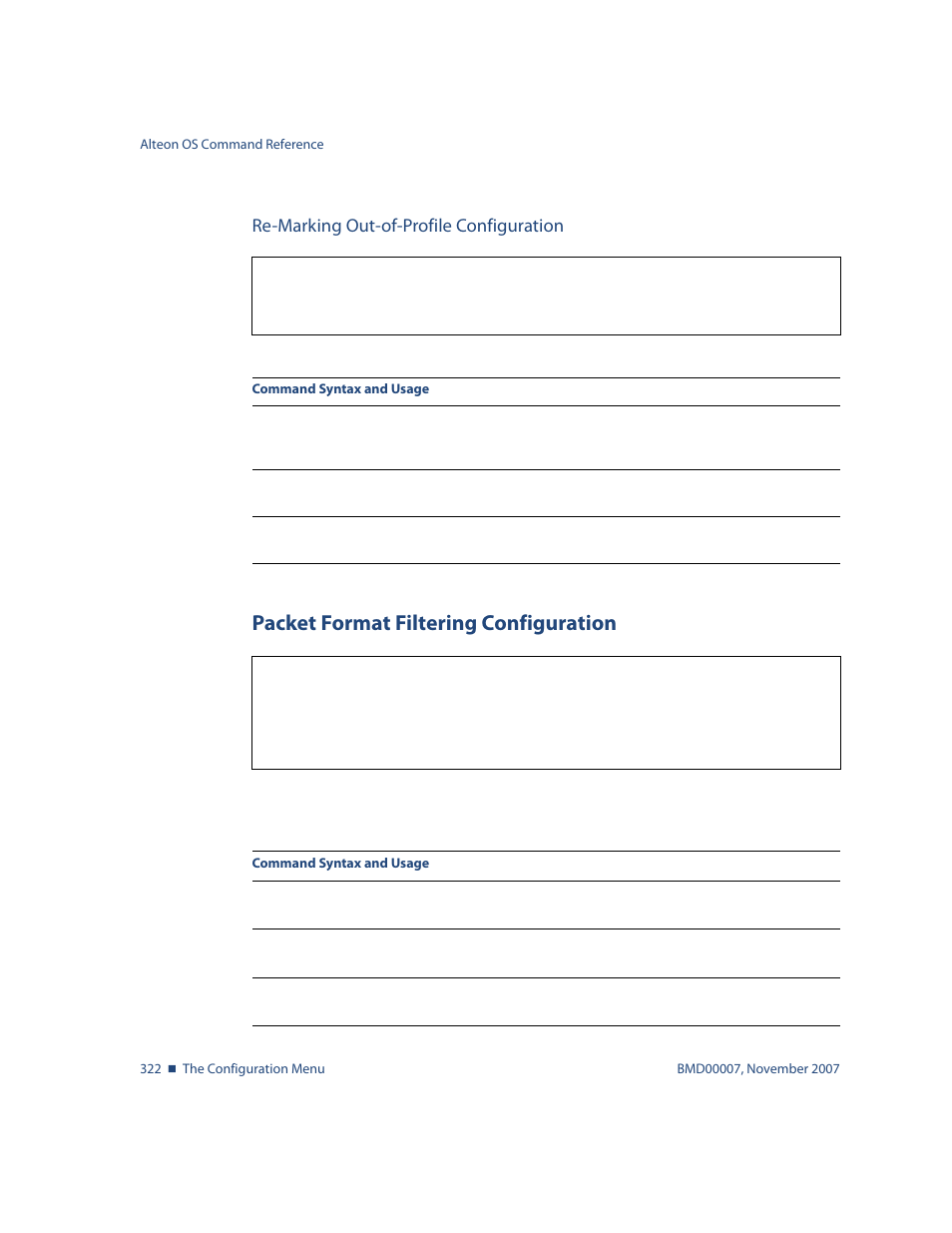 Re-marking out-of-profile configuration, Packet format filtering configuration, Re-marking out-of-profile configuration 322 | Packet format filtering configuration 322, Menu options, see, Cfg/acl/acl < acl number> /re-mark/outprof | Nortel Networks ALTEON OS BMD00007 User Manual | Page 320 / 390