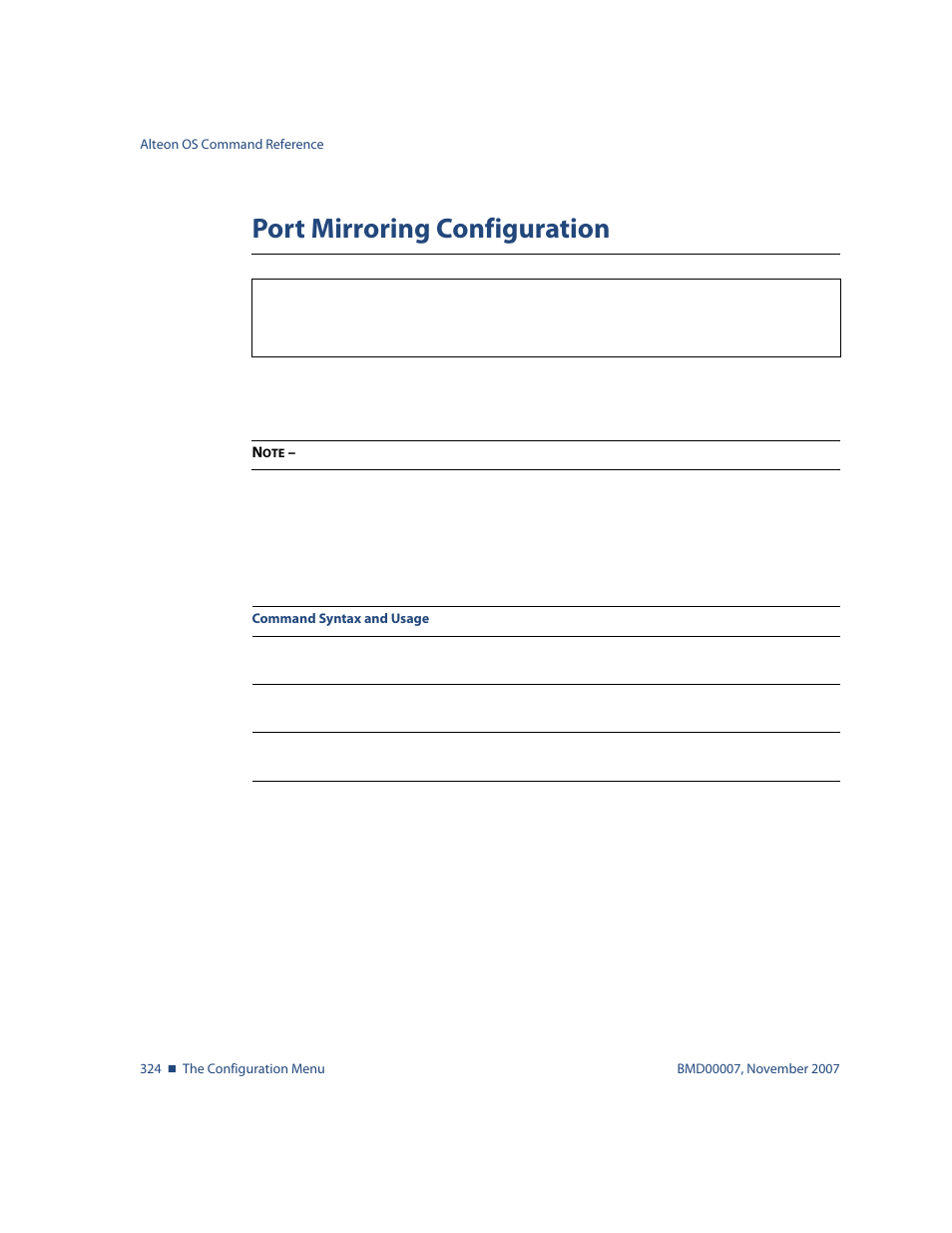 Port mirroring configuration, Port mirroring configuration 324, Menu options, see | Cfg/pmirr | Nortel Networks ALTEON OS BMD00007 User Manual | Page 322 / 390