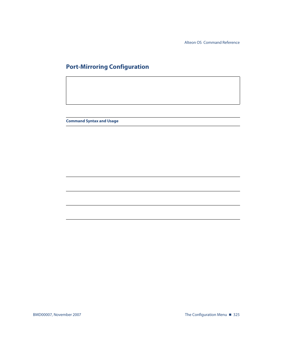 Port-mirroring configuration, Port-mirroring configuration 325, Cfg/pmirr/monport port-mirroring configuration | Nortel Networks ALTEON OS BMD00007 User Manual | Page 323 / 390