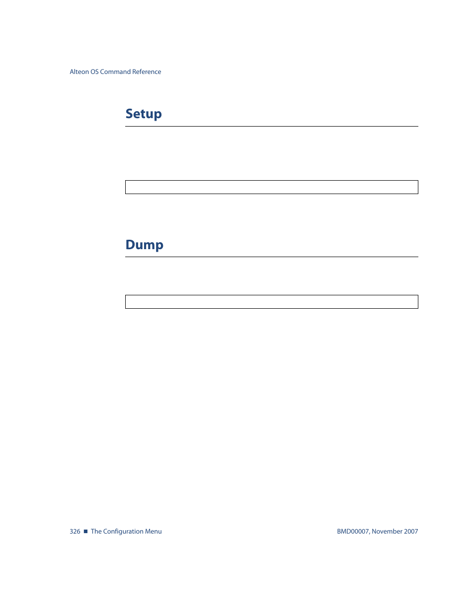 Setup, Dump, Setup 326 dump 326 | Cfg/setup, Cfg/dump | Nortel Networks ALTEON OS BMD00007 User Manual | Page 324 / 390