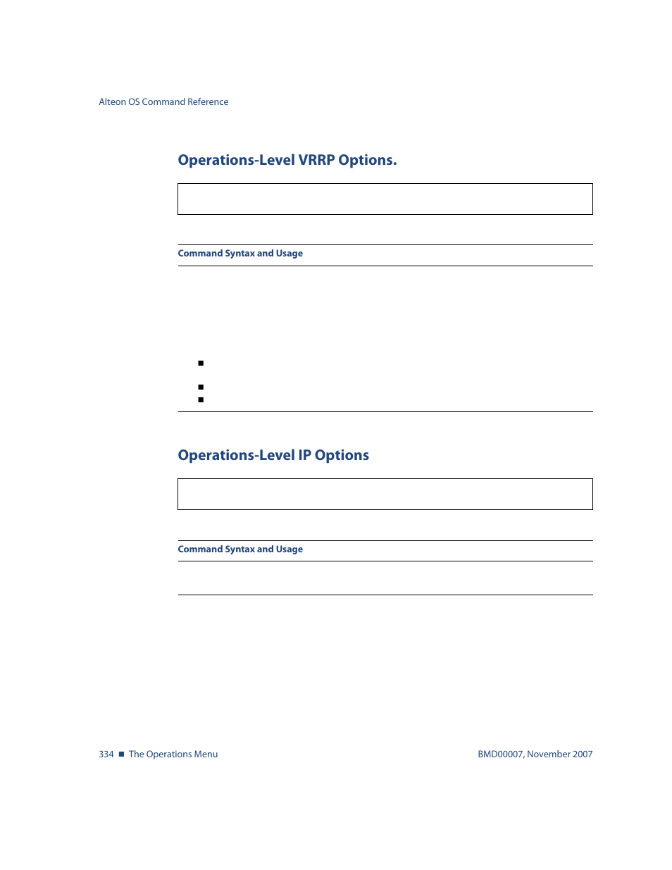 Operations-level vrrp options, Operations-level ip options, Tions, see | Nortel Networks ALTEON OS BMD00007 User Manual | Page 332 / 390