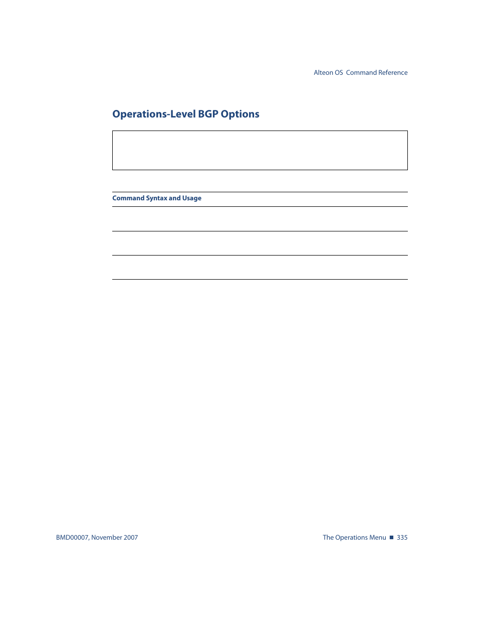 Operations-level bgp options, Operations-level bgp options 335, Oper/ip/bgp operations-level bgp options | Nortel Networks ALTEON OS BMD00007 User Manual | Page 333 / 390