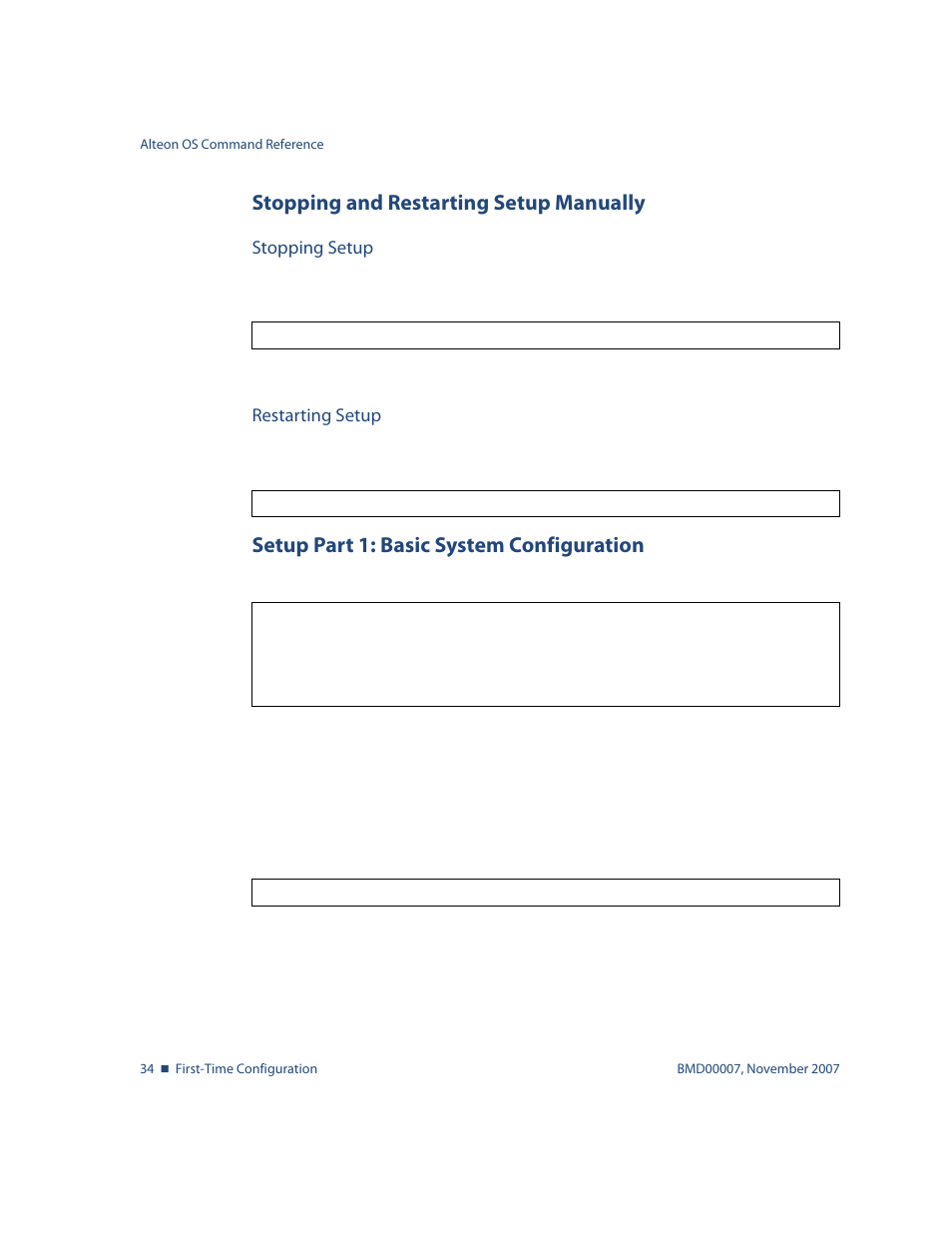 Stopping and restarting setup manually, Stopping setup, Restarting setup | Setup part 1: basic system configuration, Stopping and restarting setup manually 34, Stopping setup 34 restarting setup 34, Setup part 1: basic system configuration 34 | Nortel Networks ALTEON OS BMD00007 User Manual | Page 34 / 390