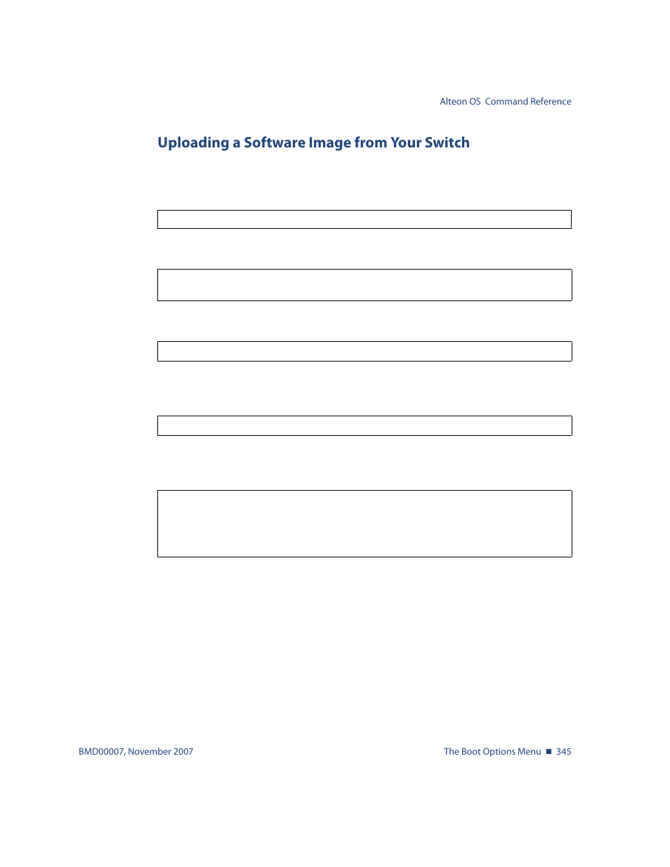 Uploading a software image from your switch, Uploading a software image from your switch 345 | Nortel Networks ALTEON OS BMD00007 User Manual | Page 343 / 390