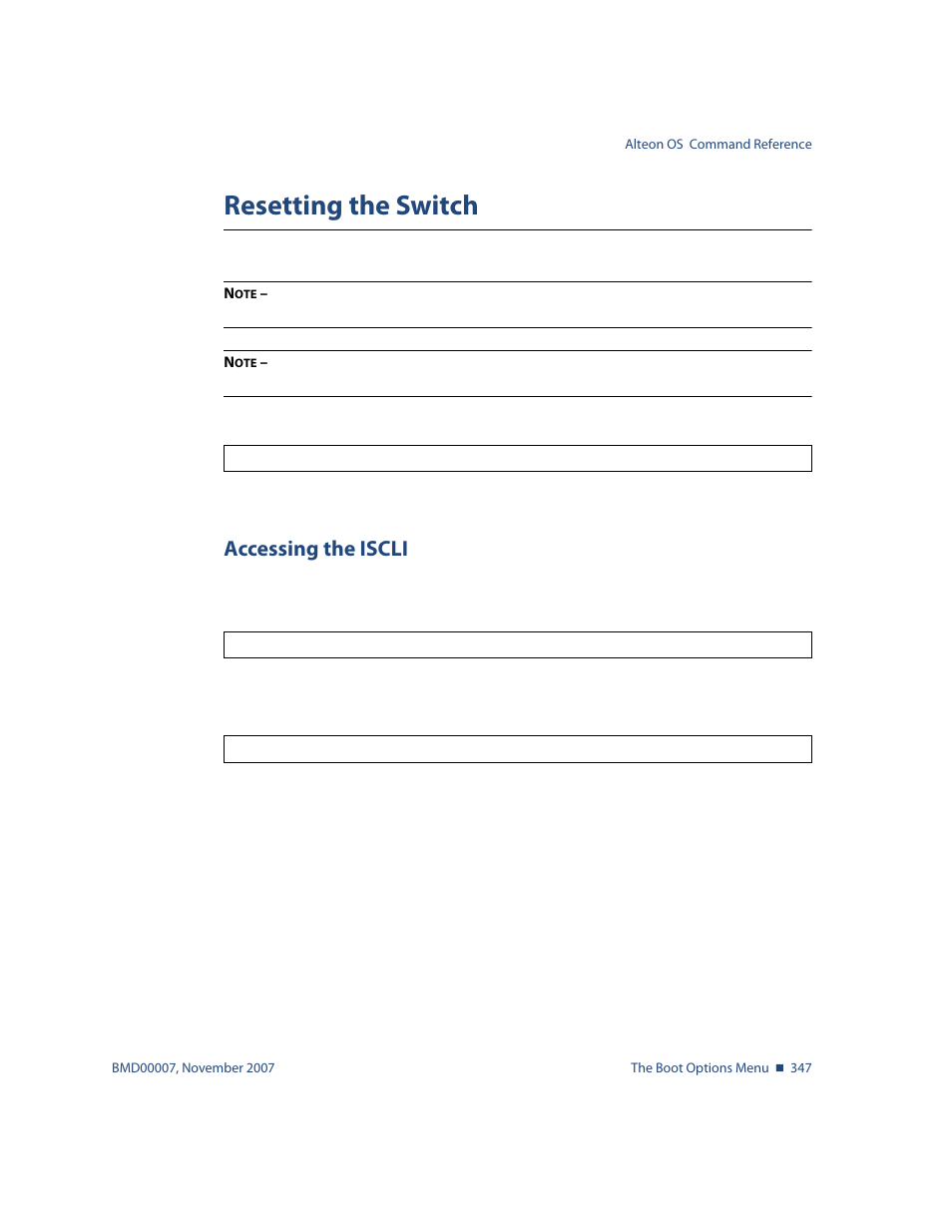 Resetting the switch, Accessing the iscli, Resetting the switch 347 | Accessing the iscli 347 | Nortel Networks ALTEON OS BMD00007 User Manual | Page 345 / 390