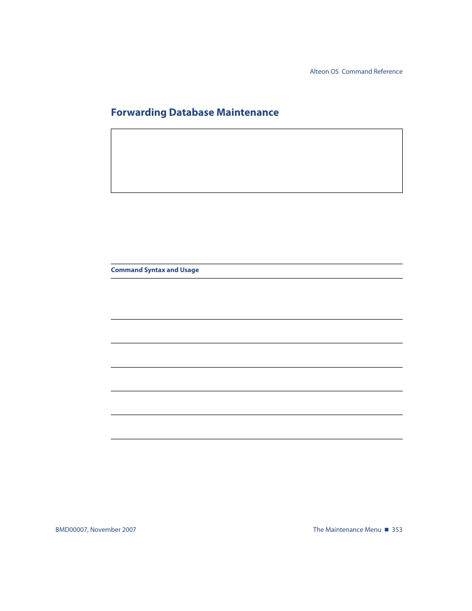 Forwarding database maintenance, Forwarding database maintenance 353, View menu options, see | Maint/fdb forwarding database maintenance | Nortel Networks ALTEON OS BMD00007 User Manual | Page 351 / 390