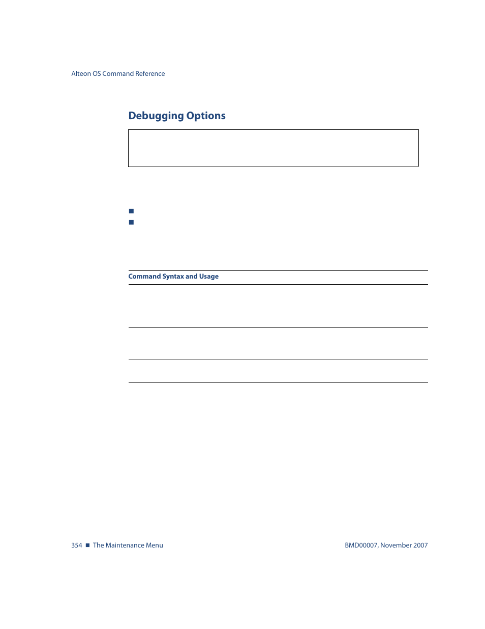 Debugging options, Debugging options 354, Maint/debug debugging options | Nortel Networks ALTEON OS BMD00007 User Manual | Page 352 / 390
