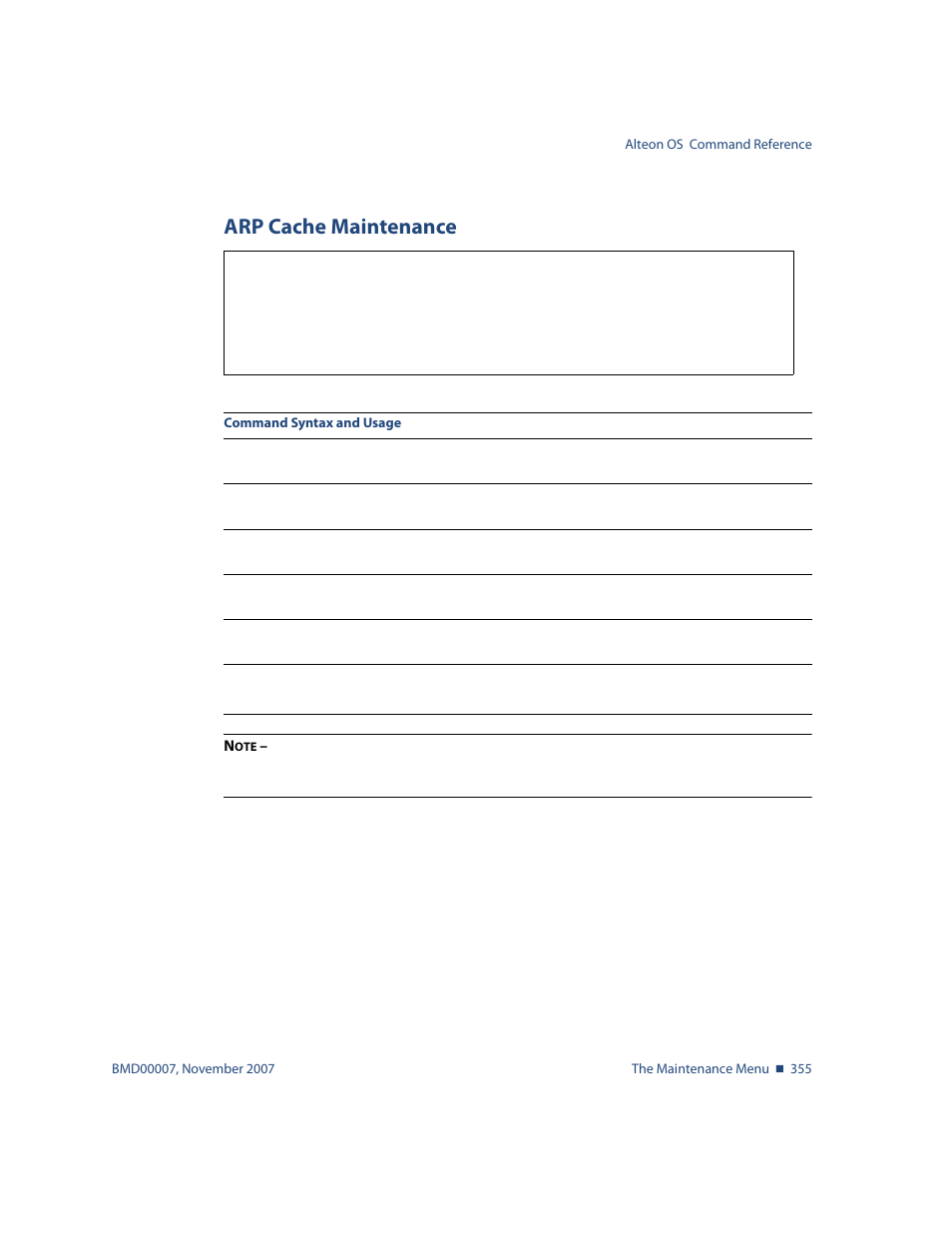 Arp cache maintenance, Arp cache maintenance 355, Maint/arp arp cache maintenance | Nortel Networks ALTEON OS BMD00007 User Manual | Page 353 / 390