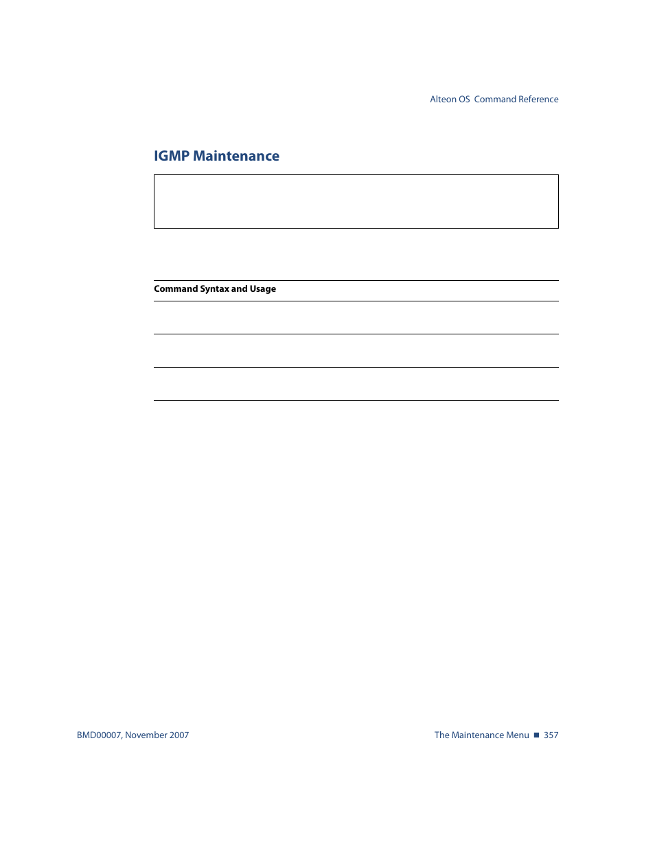 Igmp maintenance, Igmp maintenance 357, Options, see | Maint/igmp igmp maintenance | Nortel Networks ALTEON OS BMD00007 User Manual | Page 355 / 390
