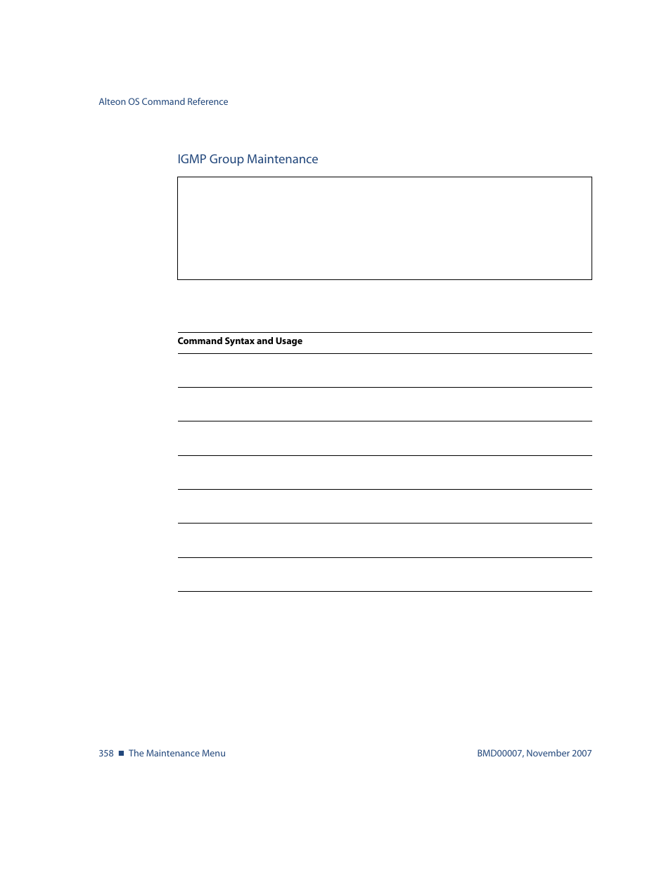 Igmp group maintenance, Igmp group maintenance 358, Maint/igmp/group | Nortel Networks ALTEON OS BMD00007 User Manual | Page 356 / 390