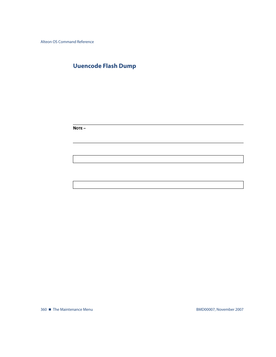 Uuencode flash dump, Uuencode flash dump 360, Maint/uudmp uuencode flash dump | Nortel Networks ALTEON OS BMD00007 User Manual | Page 358 / 390