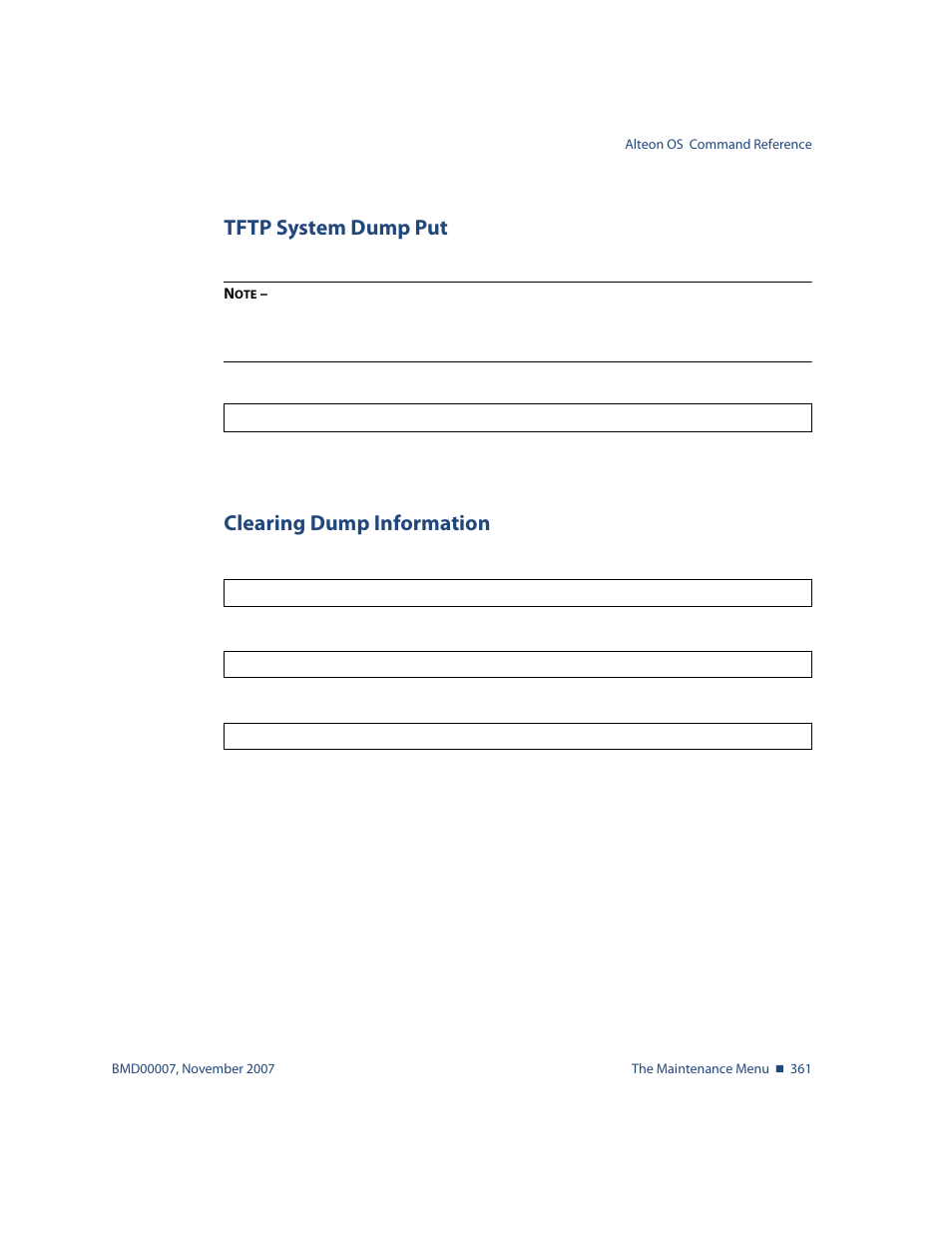 Tftp system dump put, Clearing dump information, Maint/cldmp clearing dump information | Nortel Networks ALTEON OS BMD00007 User Manual | Page 359 / 390