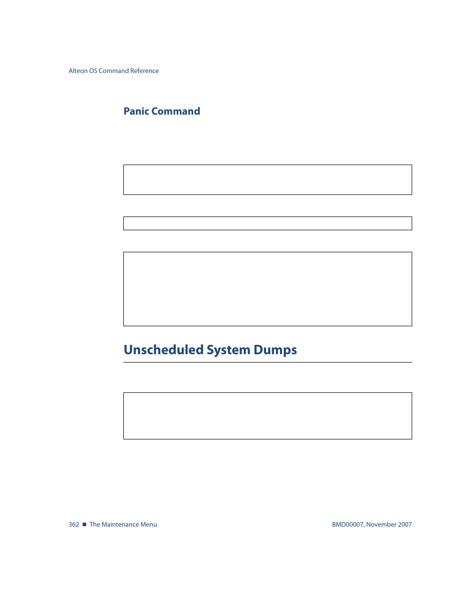 Panic command, Unscheduled system dumps, Panic command 362 | Unscheduled system dumps 362, R details, see, Maint/panic panic command | Nortel Networks ALTEON OS BMD00007 User Manual | Page 360 / 390