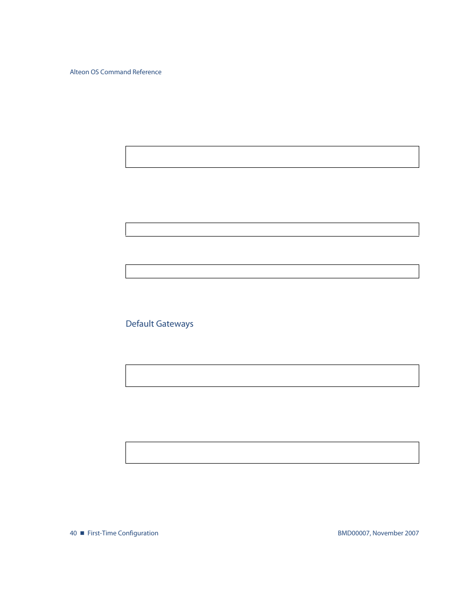 Default gateways, Default gateways 40 | Nortel Networks ALTEON OS BMD00007 User Manual | Page 40 / 390