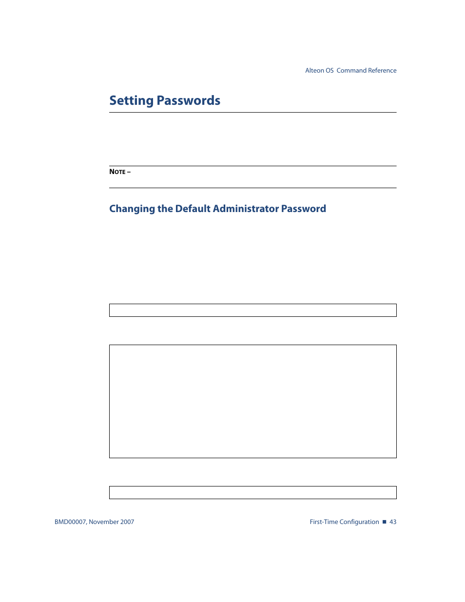Setting passwords, Changing the default administrator password, Setting passwords 43 | Changing the default administrator password 43 | Nortel Networks ALTEON OS BMD00007 User Manual | Page 43 / 390