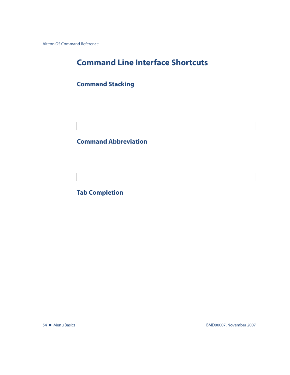 Command line interface shortcuts, Command stacking, Command abbreviation | Tab completion, Command line interface shortcuts 54 | Nortel Networks ALTEON OS BMD00007 User Manual | Page 54 / 390