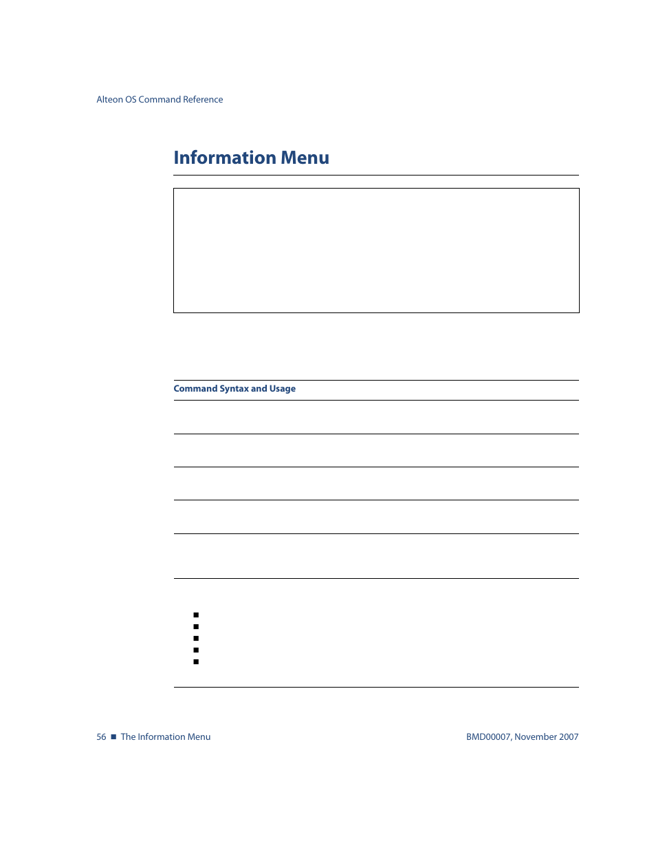 Information menu, Information menu 56, Info | Nortel Networks ALTEON OS BMD00007 User Manual | Page 56 / 390