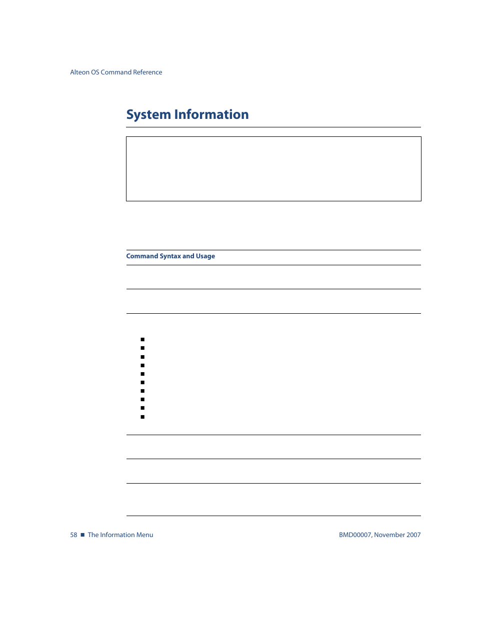 System information, System information 58, Info/sys | Nortel Networks ALTEON OS BMD00007 User Manual | Page 58 / 390